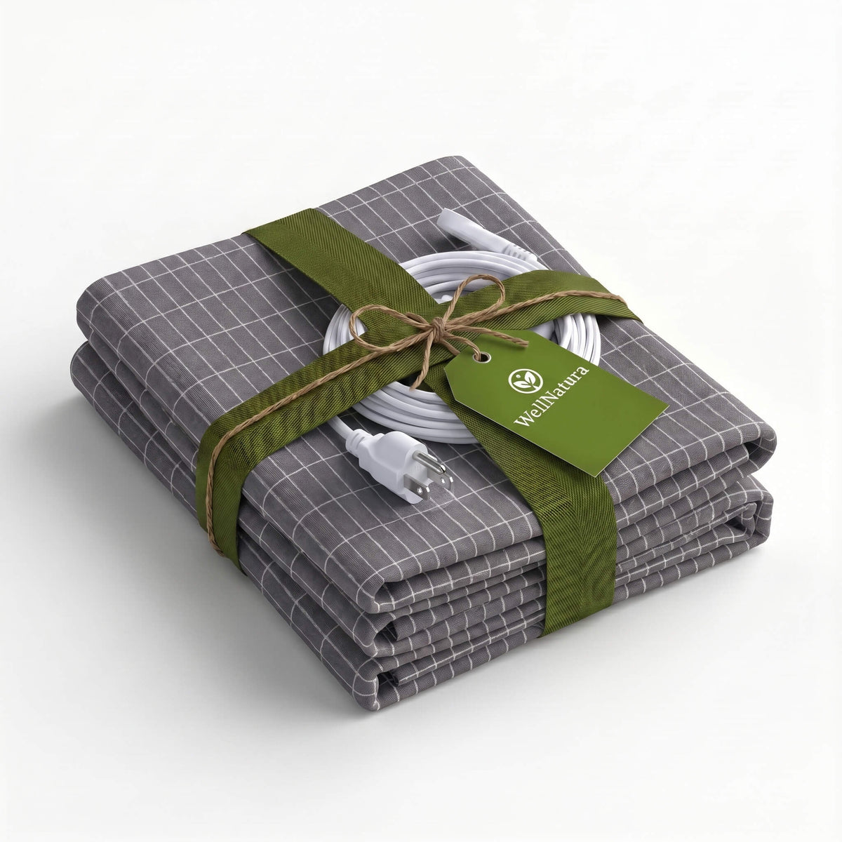Folded grey WellNatura grounding sheet with its grounding cable and 3-prong plug