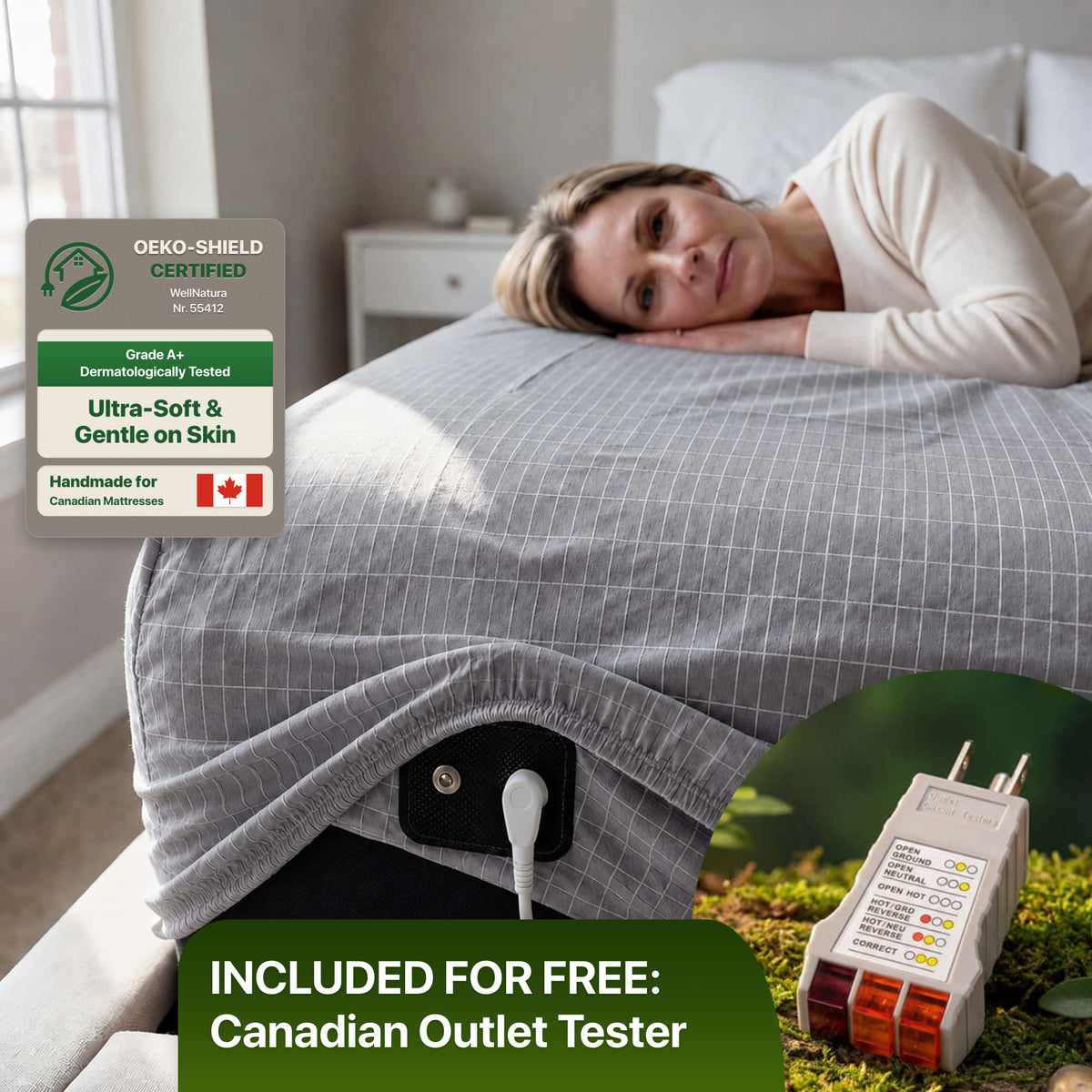 WellNatura grounding sheet in grey, fitted on a mattress with the connector at the corner. OEKO-SHIELD certified, free Canadian outlet tester included.