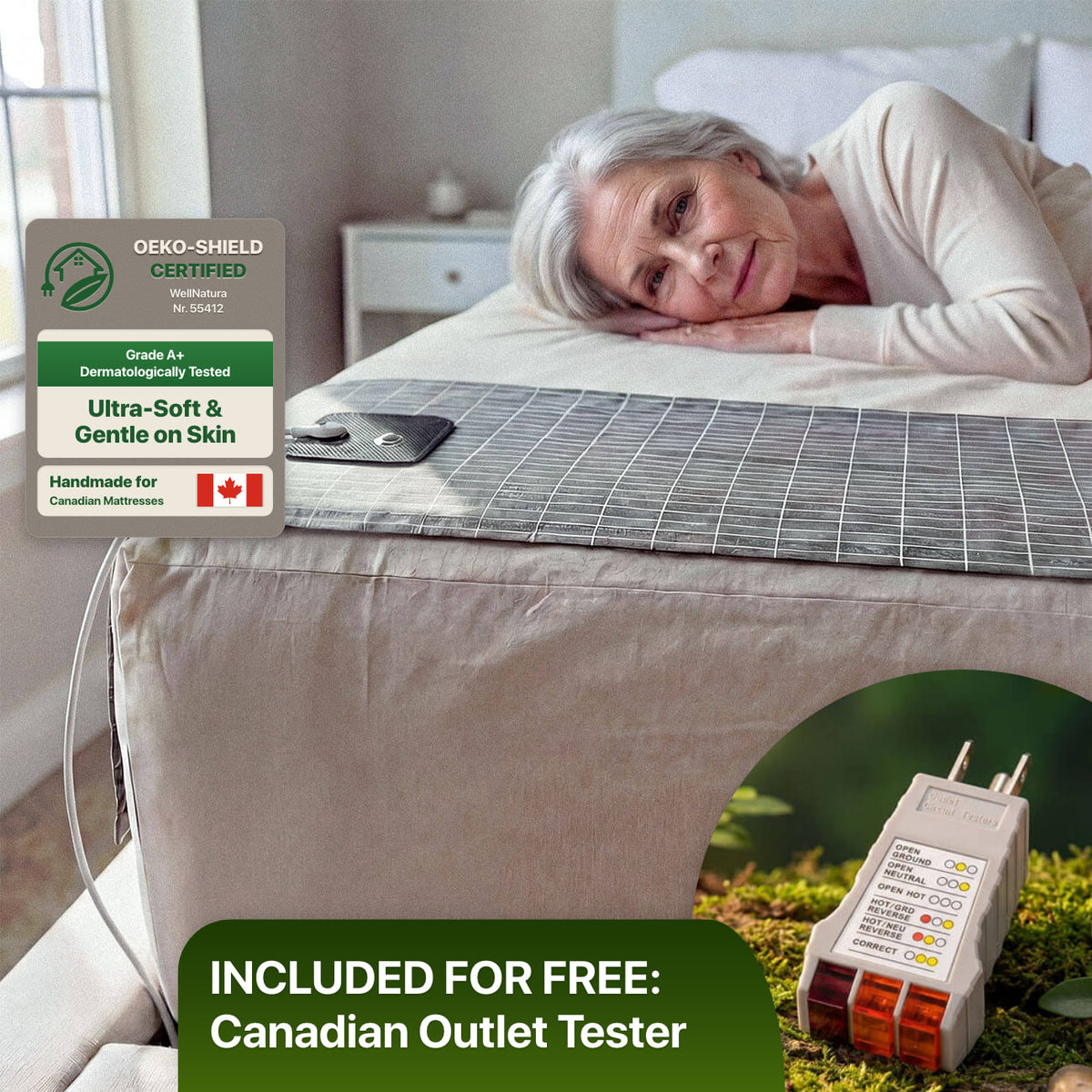 Grey WellNatura flat half sheet across the bed with the connector. OEKO-SHIELD certified, free Canadian outlet tester included.