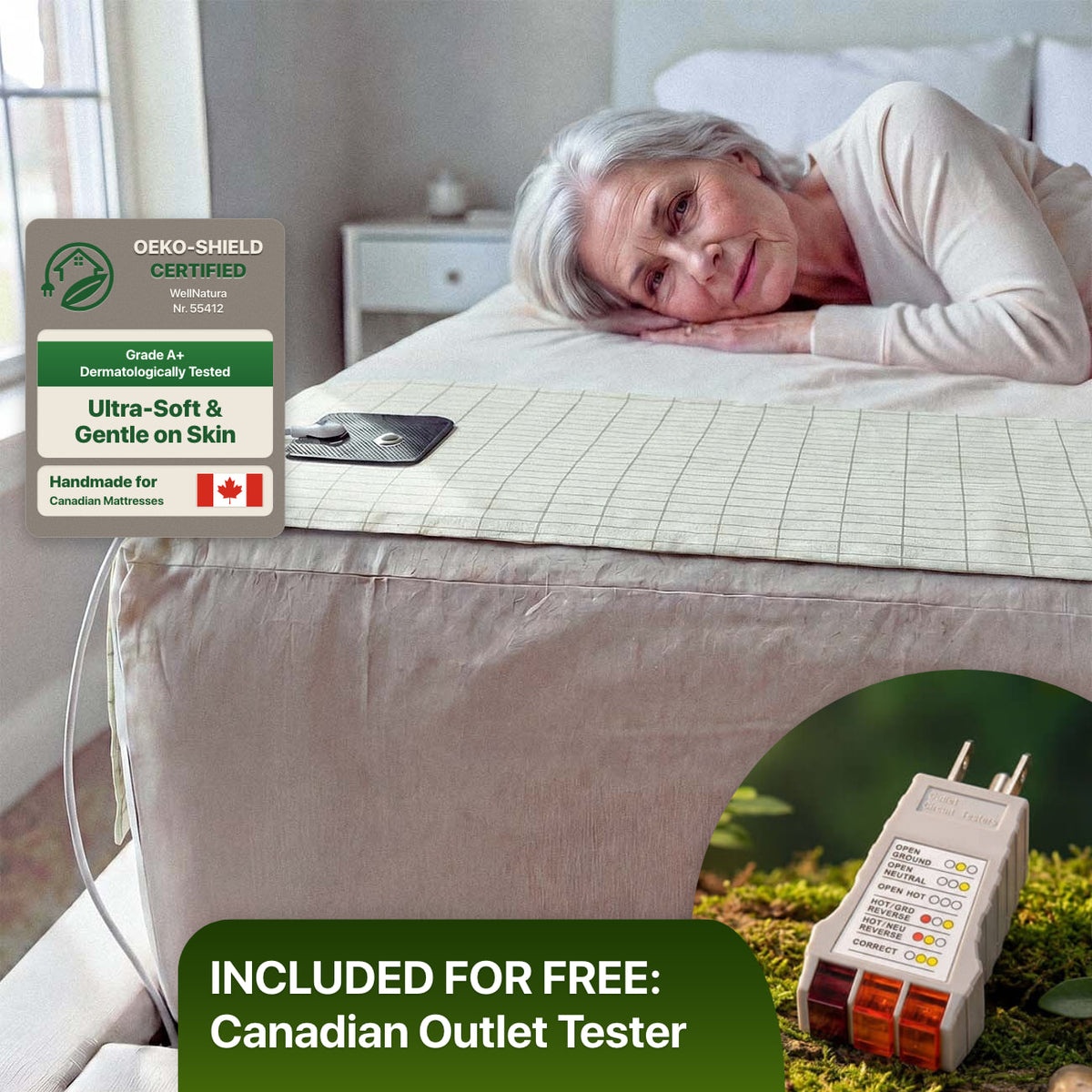 White WellNatura flat half sheet across the bed with the connector. OEKO-SHIELD certified, free Canadian outlet tester included.