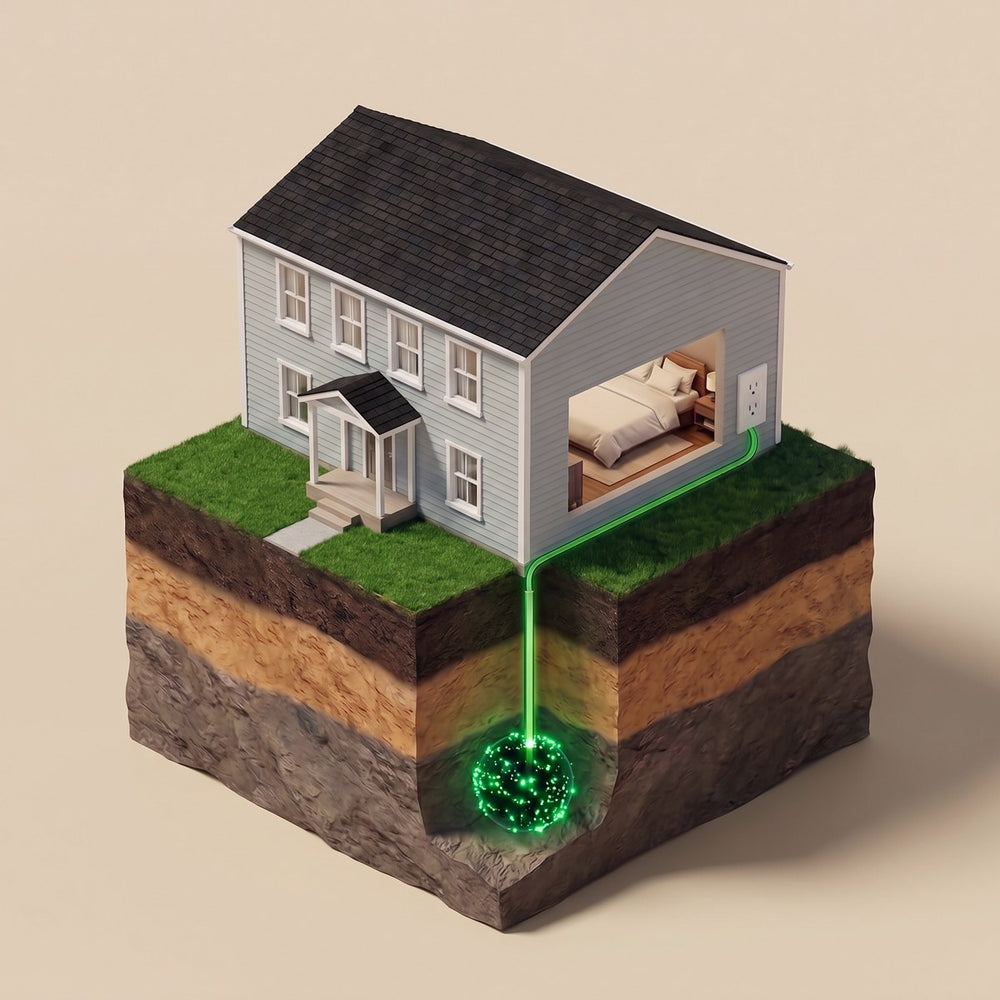 Cutaway of a house with the ground wire running from a bedroom outlet into the soil