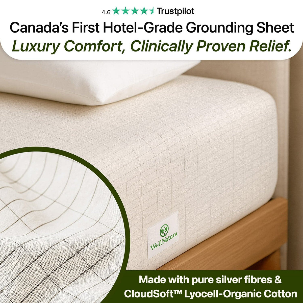 Canada’s first hotel-grade grounding sheet, made with pure silver fibres and CloudSoft lyocell organic cotton