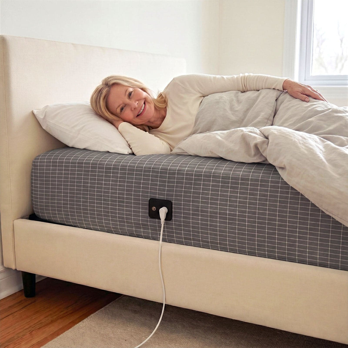 Grey WellNatura grounding sheet fitted on a bed, cable clipped to the connector