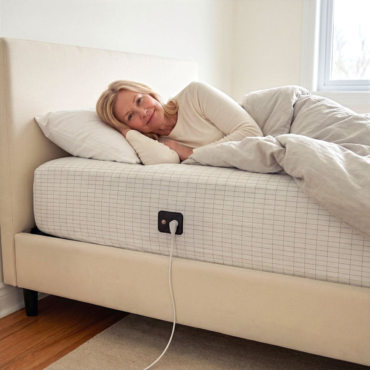 White WellNatura grounding sheet fitted on a bed, cable clipped to the connector