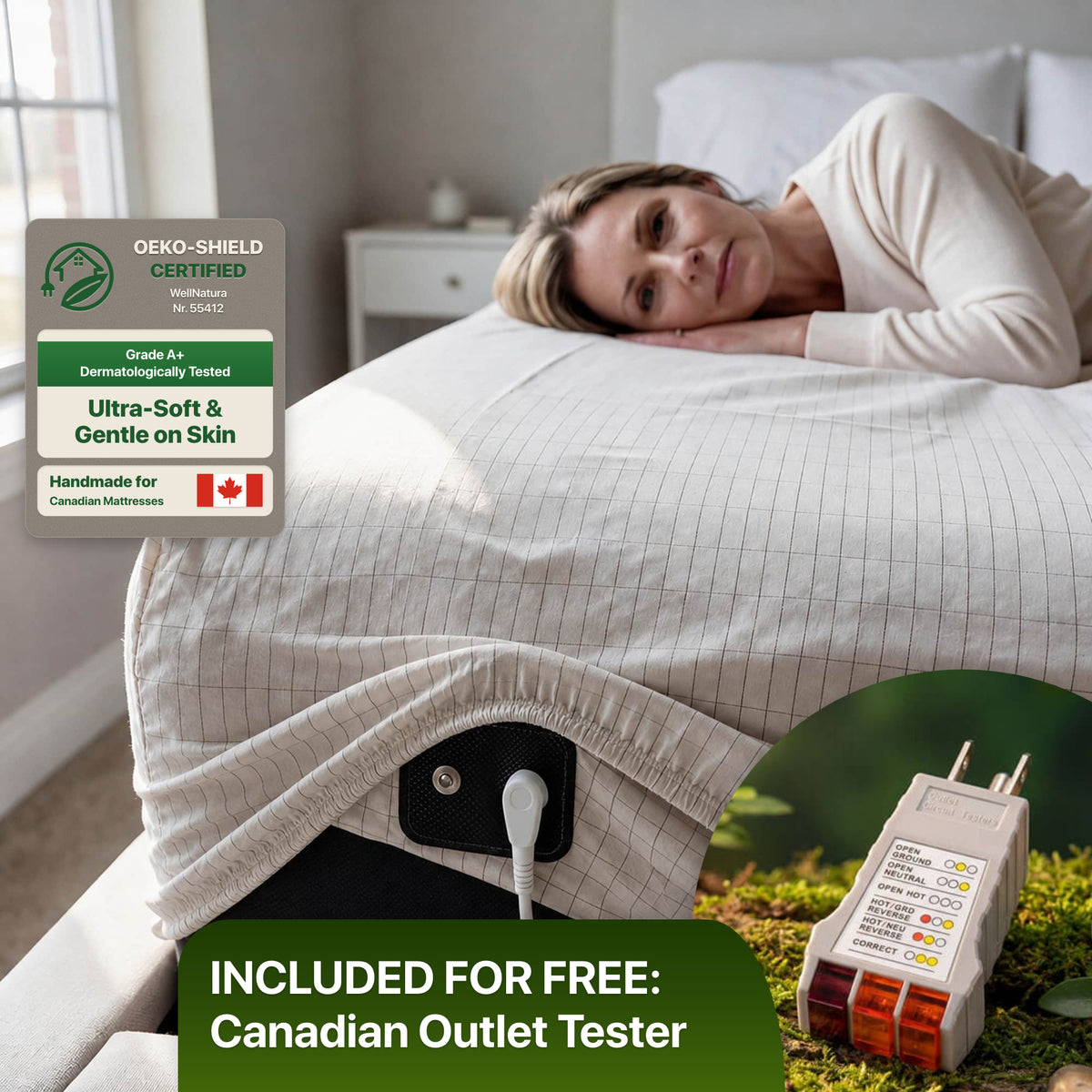 WellNatura grounding sheet in white, fitted on a mattress with the connector at the corner. OEKO-SHIELD certified, free Canadian outlet tester included.