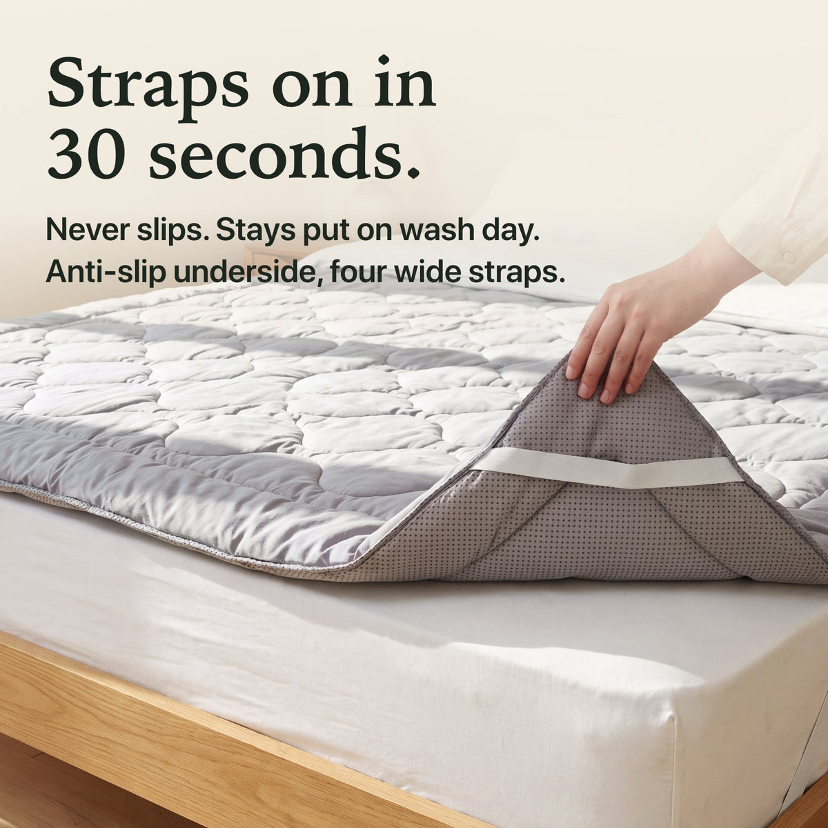 Straps on in 30 seconds, anti-slip underside and four wide straps